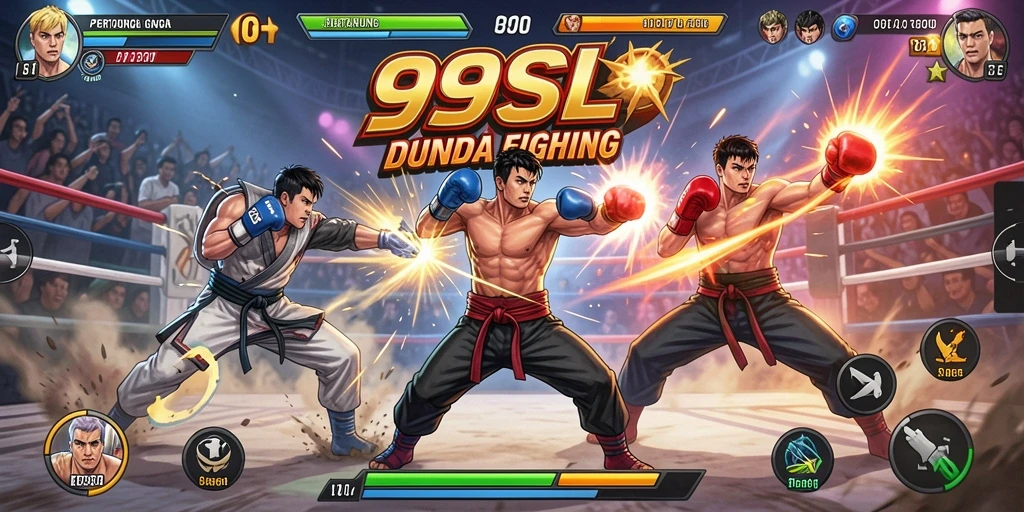 Gameplay pertarungan seru di 99SL dengan berbagai karakter.