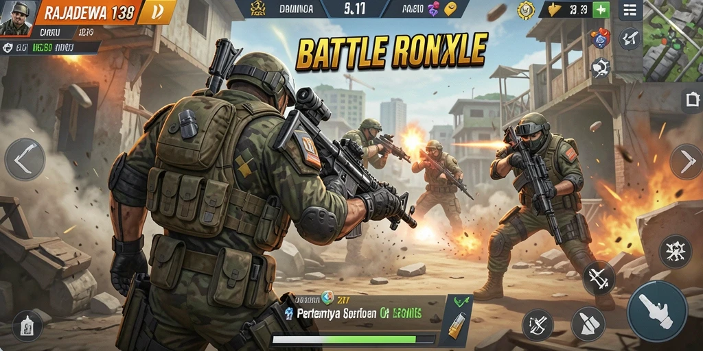 Gameplay seru RAJADEWA138 di medan pertempuran Battle Royale.
